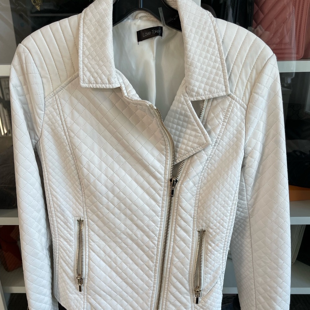 Vegan leather moto jacket in white w gold zipper